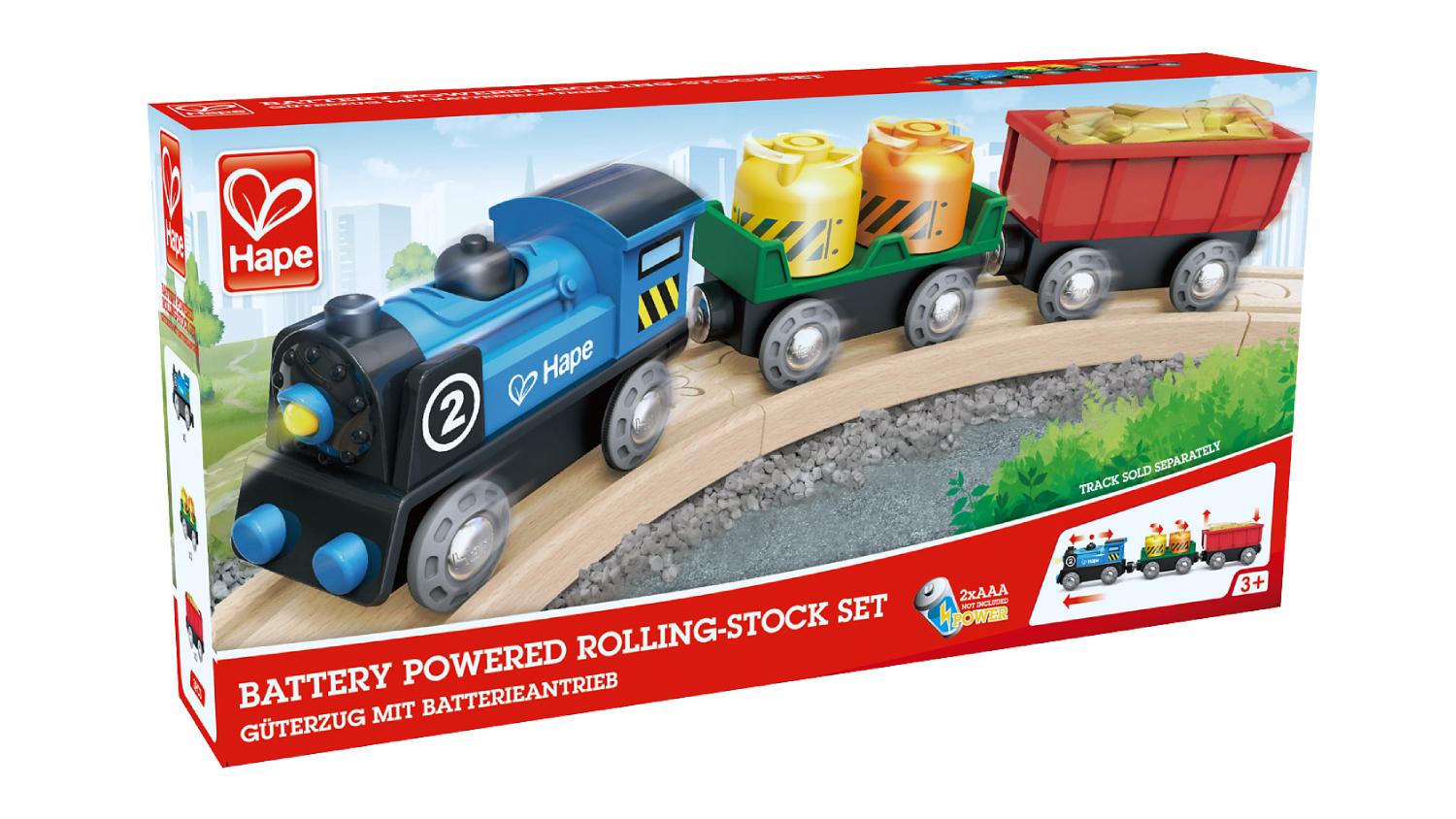 Hape Battery-Powered Railway Engine & Rolling Stock Carriage Set 3pcs.