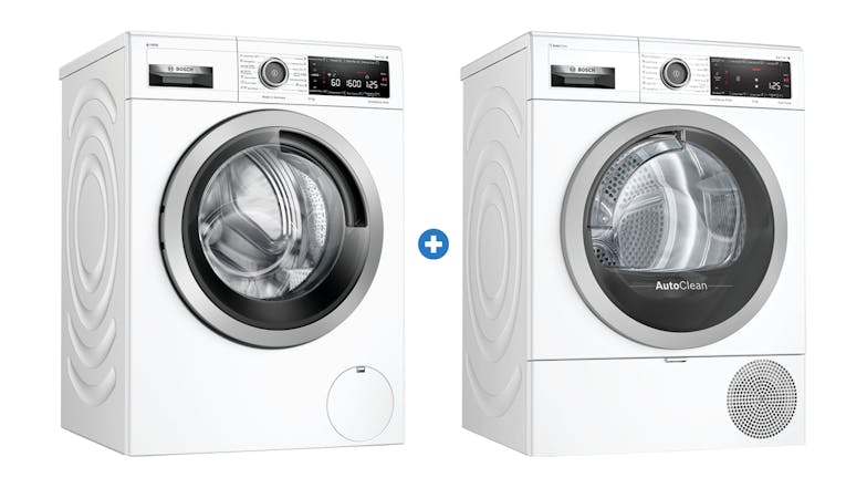 Bosch 10kg Front Loading Washing Machine & 9kg Heat Pump Condenser Dryer Package - White