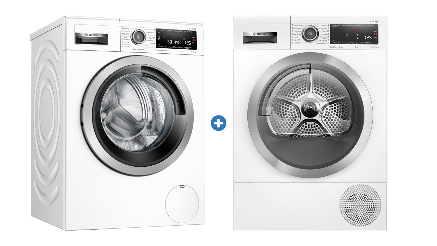 Bosch 9kg Front Loading Washing Machine & 8kg Heat Pump Condenser Dryer Package White Harvey