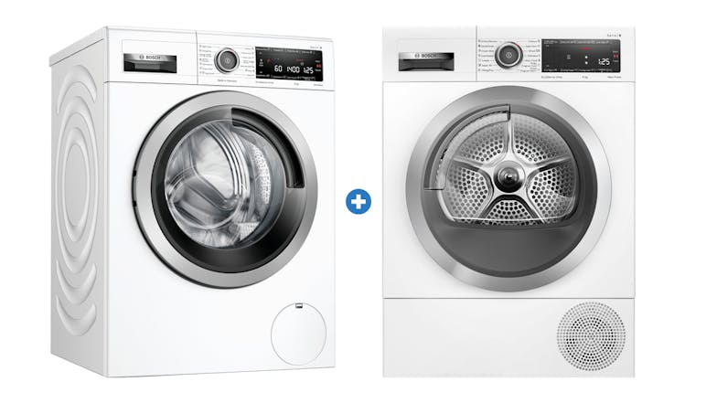 Bosch 9kg Front Loading Washing Machine & 8kg Heat Pump Condenser Dryer Package - White