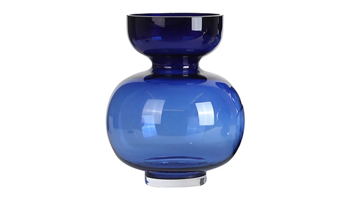 A transparent blue glass vase, featuring a wide, rounded base and a two-tiered design