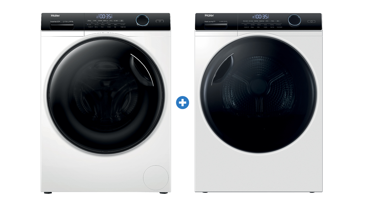 Haier 8.5kg Front Loading Washing Machine & 8kg Heat Pump Condenser Dryer Package White