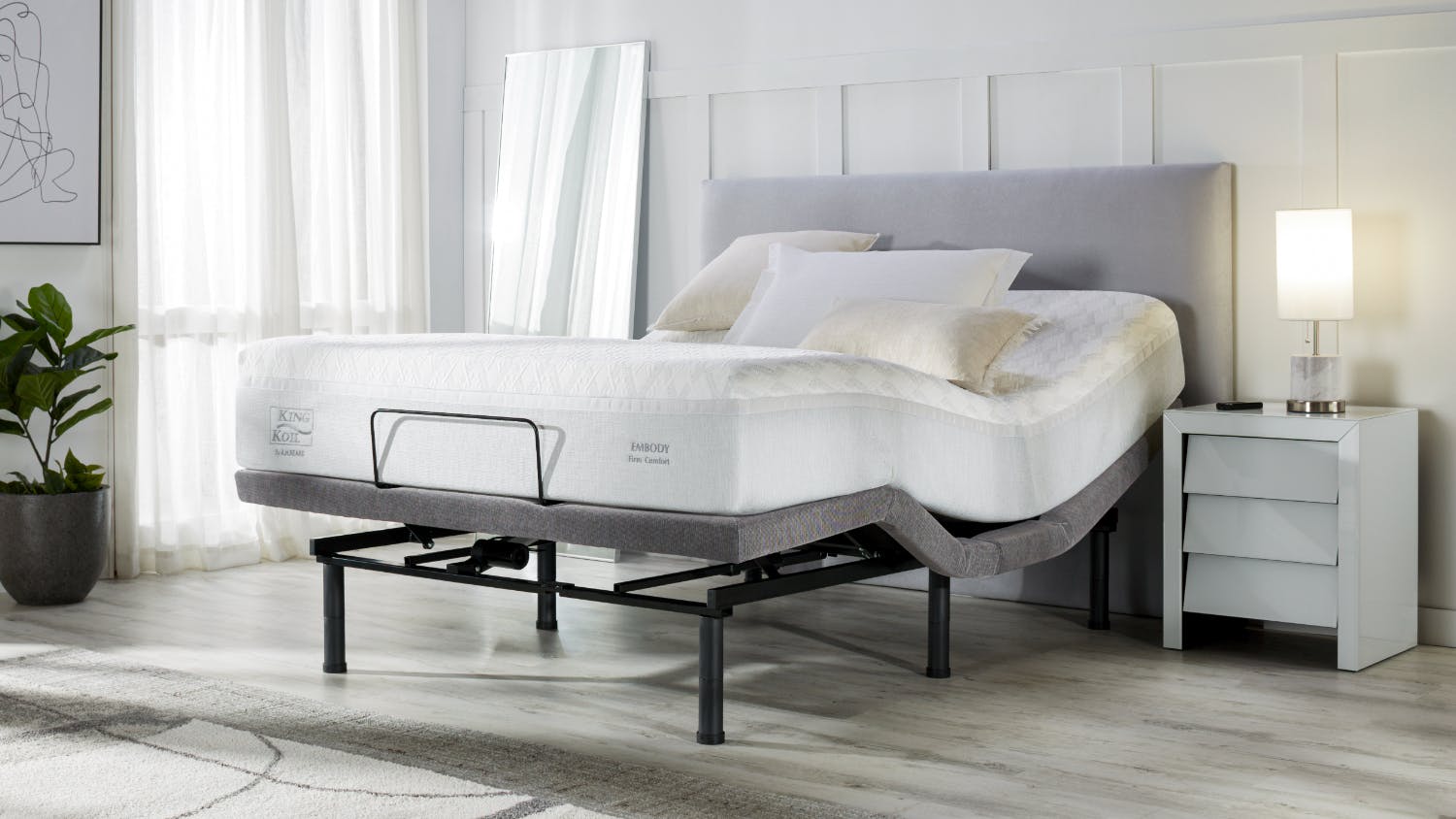 King Coil Embody Firm Queen Mattress with Renew Zero Clearance Dark Grey Adjustable Base by A.H Beard