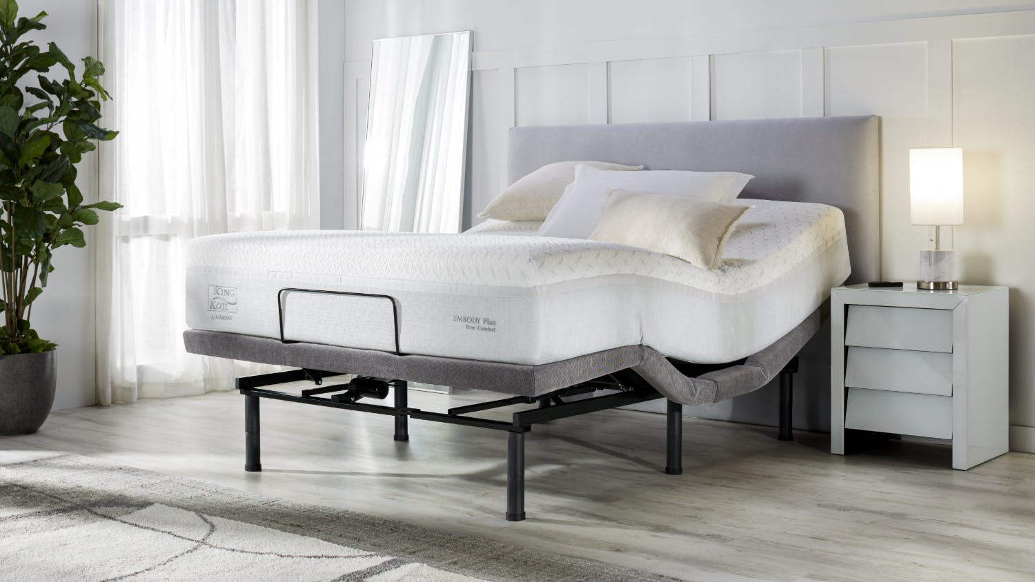 King Coil Embody Plus Firm Queen Mattress with Renew Zero Clearance Dark Grey Adjustable Base by A.H Beard