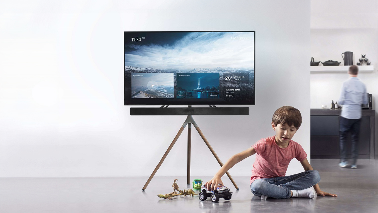 One For All Floor Stand for 32" to 65" TV with Soundbar Bracket - Swivel Design - Oak & Silver Grey (WM 7472)