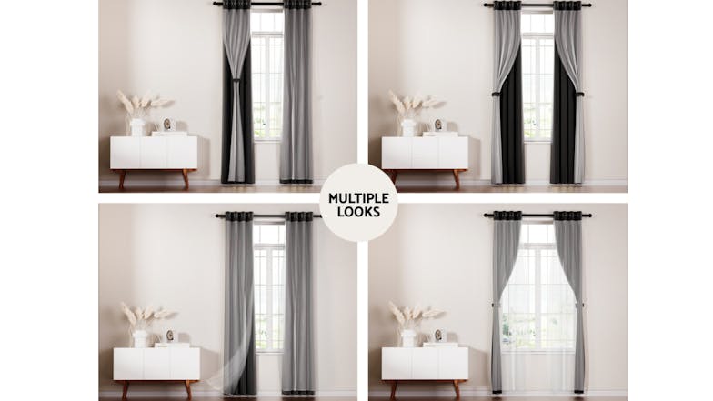 Artiss Multi-Layer Eyelet Sheer Curtains with Blackout Lining 132 x 242cm 2pcs. - Black