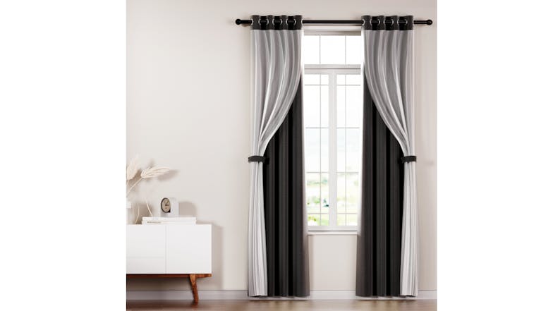 Artiss Multi-Layer Eyelet Sheer Curtains with Blackout Lining 132 x 304cm 2pcs. - Black