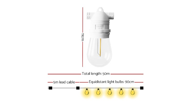 New Aim Outdoor LED S14 String Festoon Lights 50m - Warm White/Black