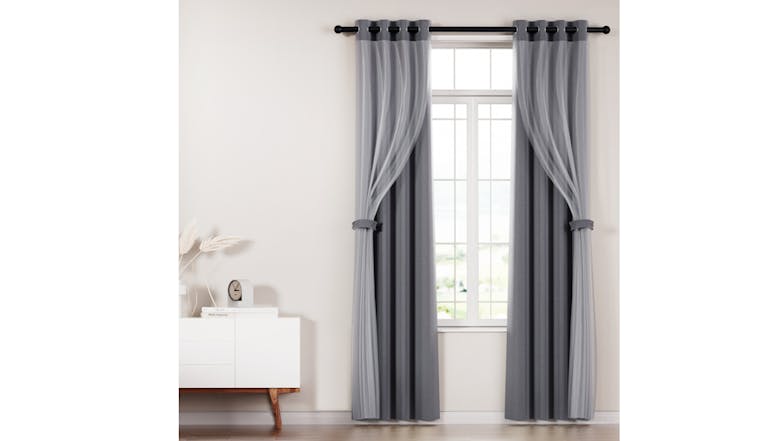 Artiss Multi-Layer Eyelet Sheer Curtains with Blackout Lining 132 x 274cm 2pcs. - Charcoal