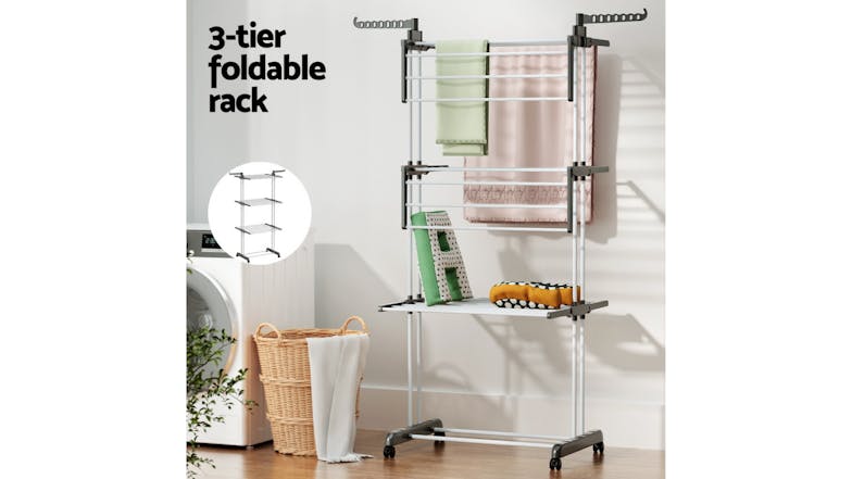 Artiss 3-Tier Folding Clothes Rack with Castors, Hanging Hooks