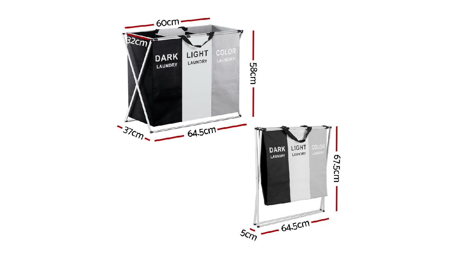 Artiss Colour Sort Tri Compartment Laundry Hamper - Dark/Light/Colours