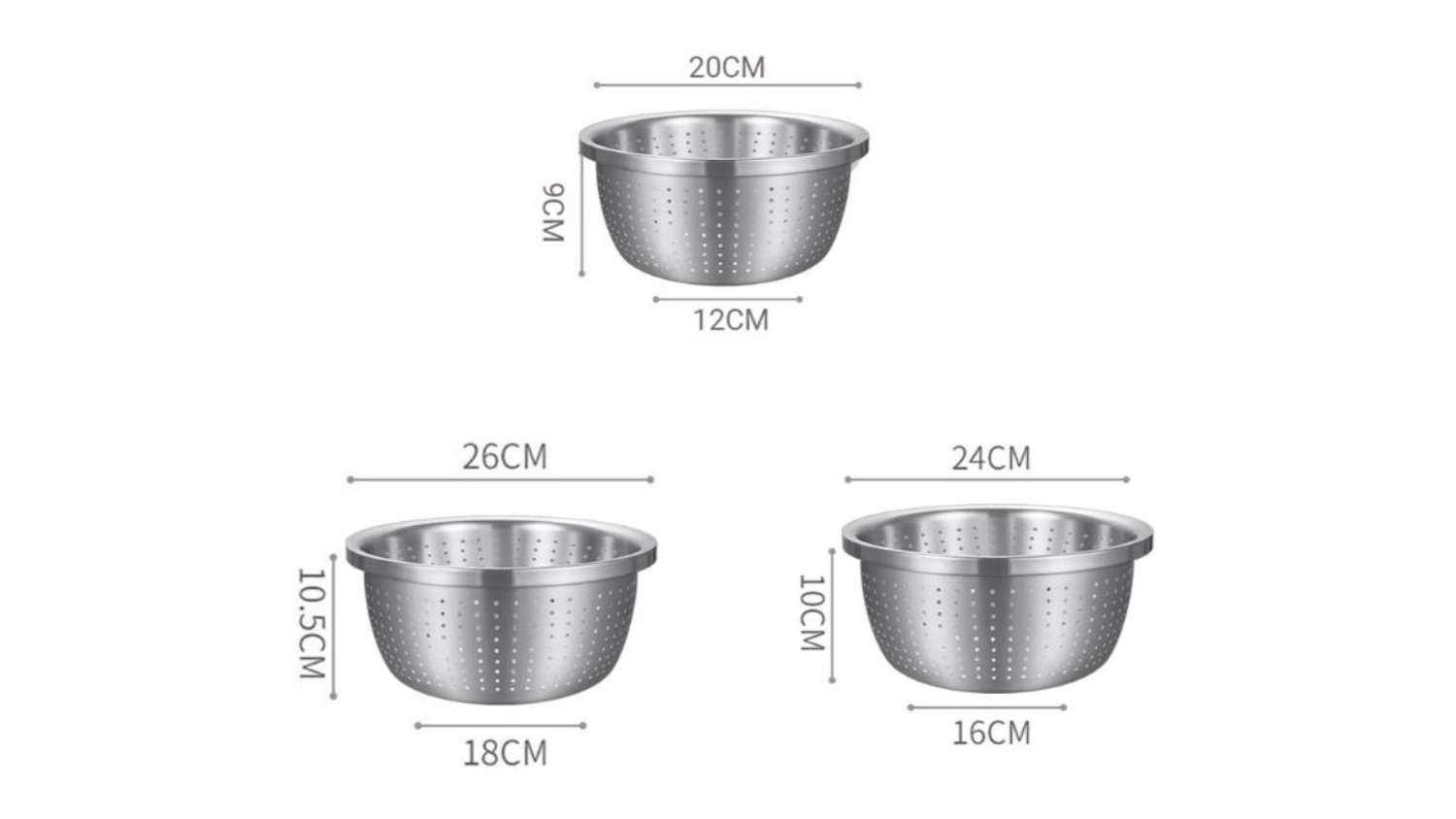 SOGA Stainless Steel Collander Set - 20, 24, 26cm
