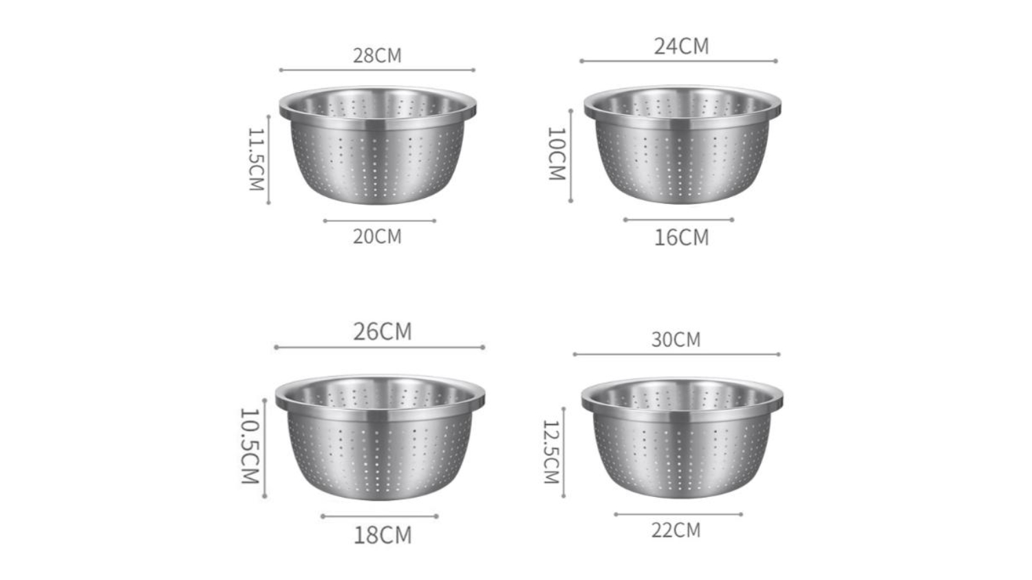 SOGA Stainless Steel Collander Set - 24, 26, 28, 30cm
