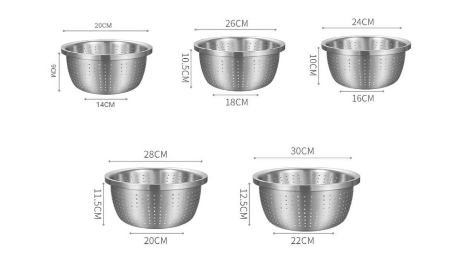 SOGA Stainless Steel Collander Set - 20, 24, 26, 28, 30cm