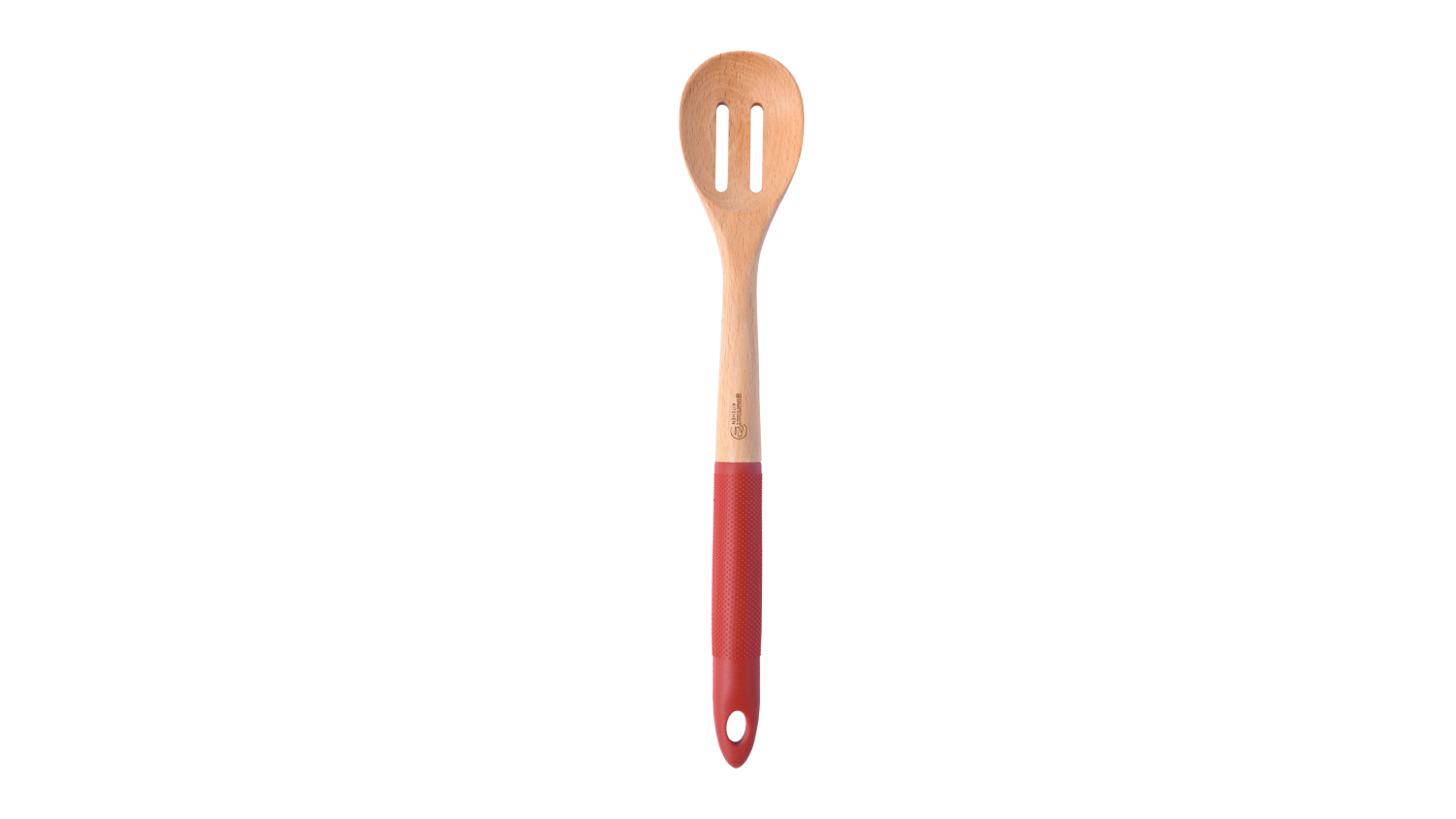 Gourmet Kitchen Wooden Slotted Spoon with Rubberised Handle - Red