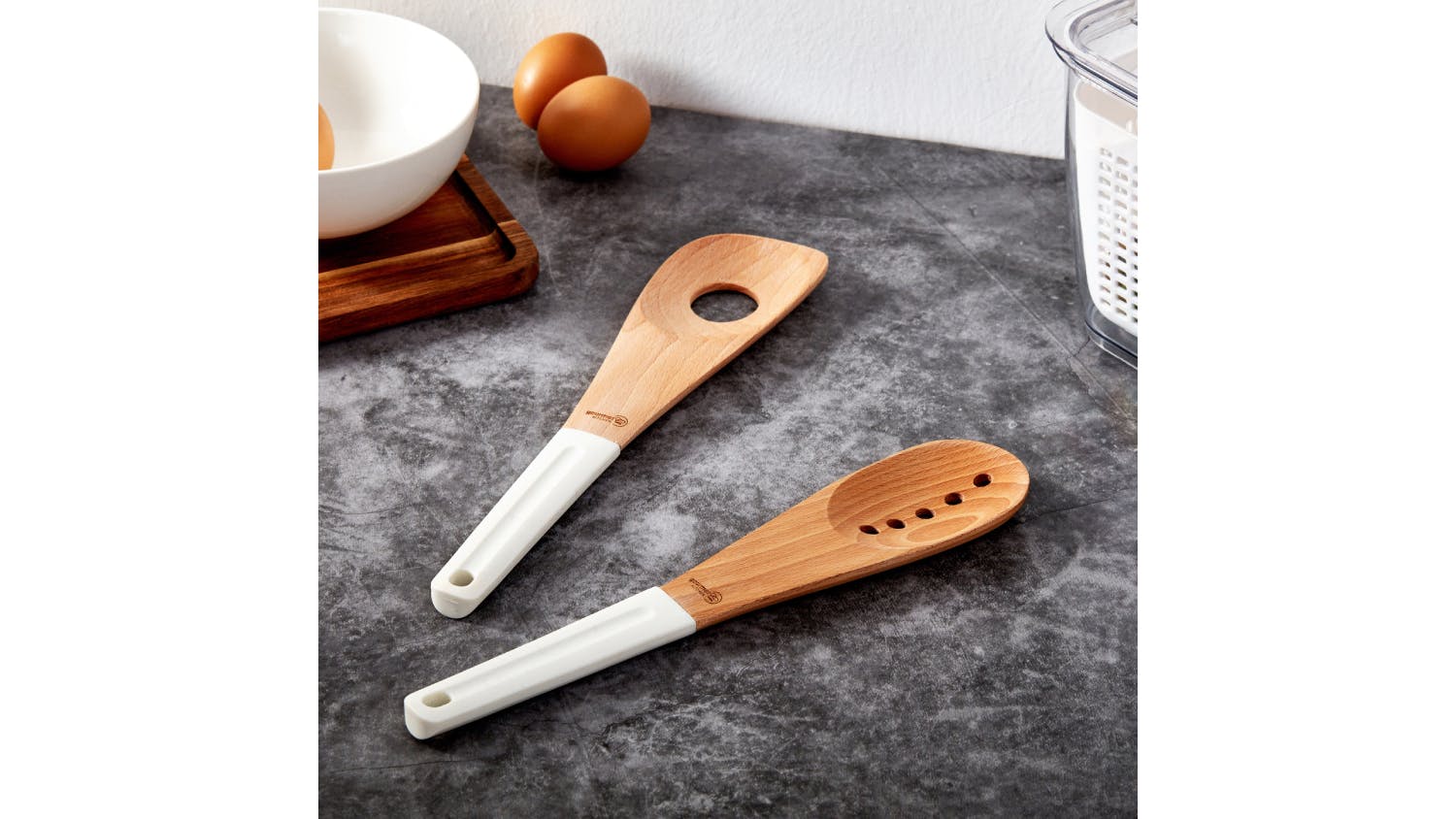 Gourmet Kitchen Wooden Spoon Set with Rubberised Handles 2pcs. - White
