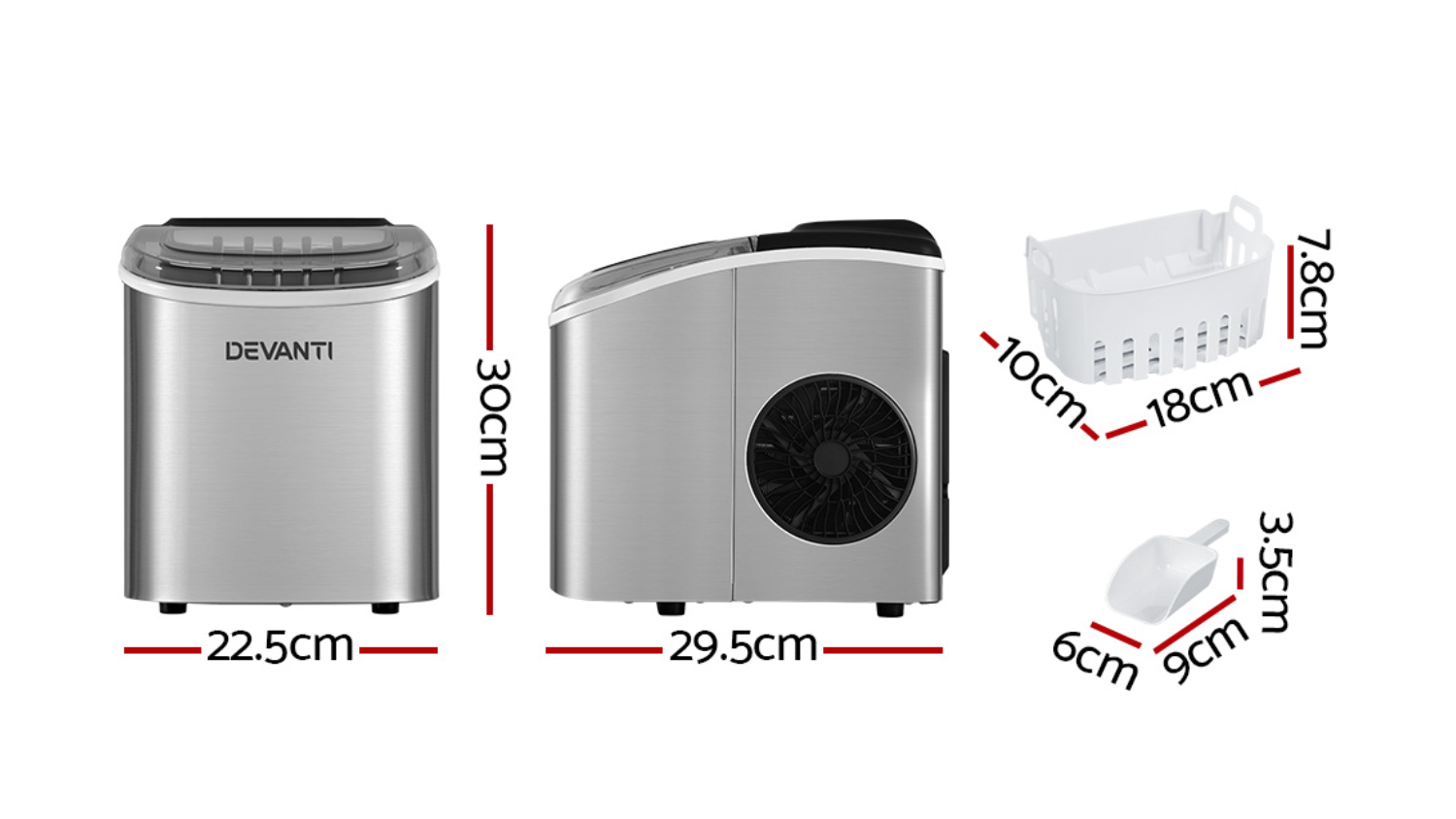 Devanti Benchtop Ice Maker 1.3L Stainless Steel Harvey Norman New