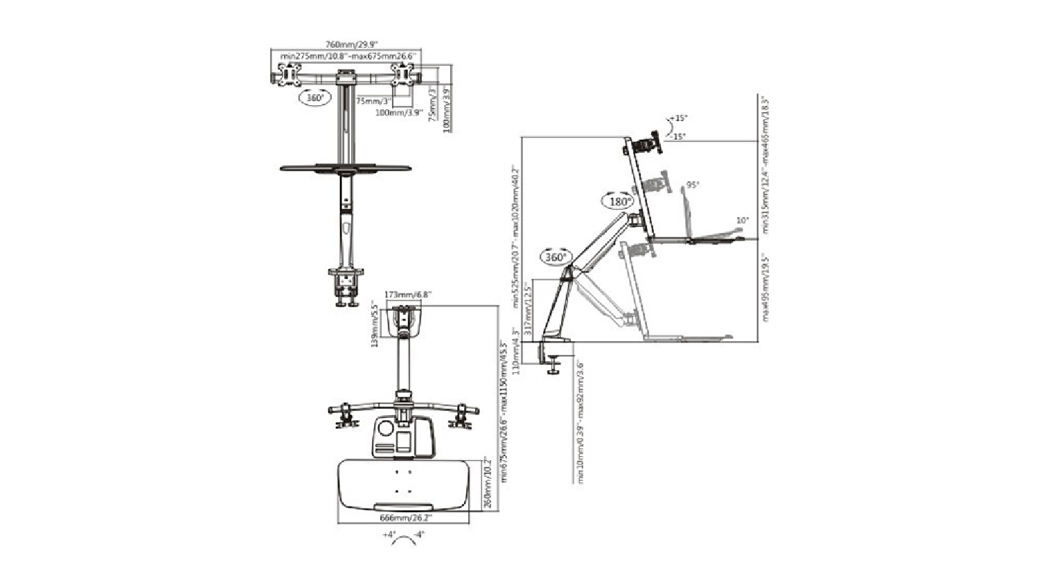 Konic Dual Monitor Desk Mount with Keyboard & Mouse Shelf, Tri-Point Articulation