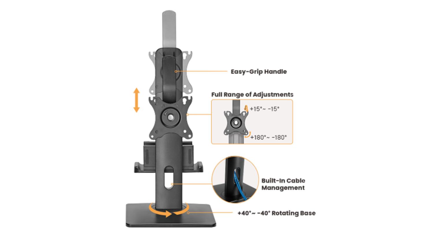 Konic Single Screen Monitor Lift with Tri-Point Articulation, Read CPU Mount, Cable Management