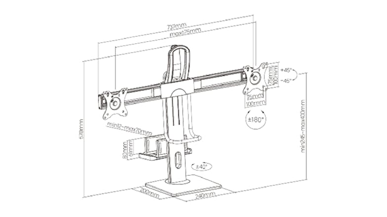 Konic Dual Screen Monitor Lift with Tri-Point Articulation, Read CPU Mount, Cable Management