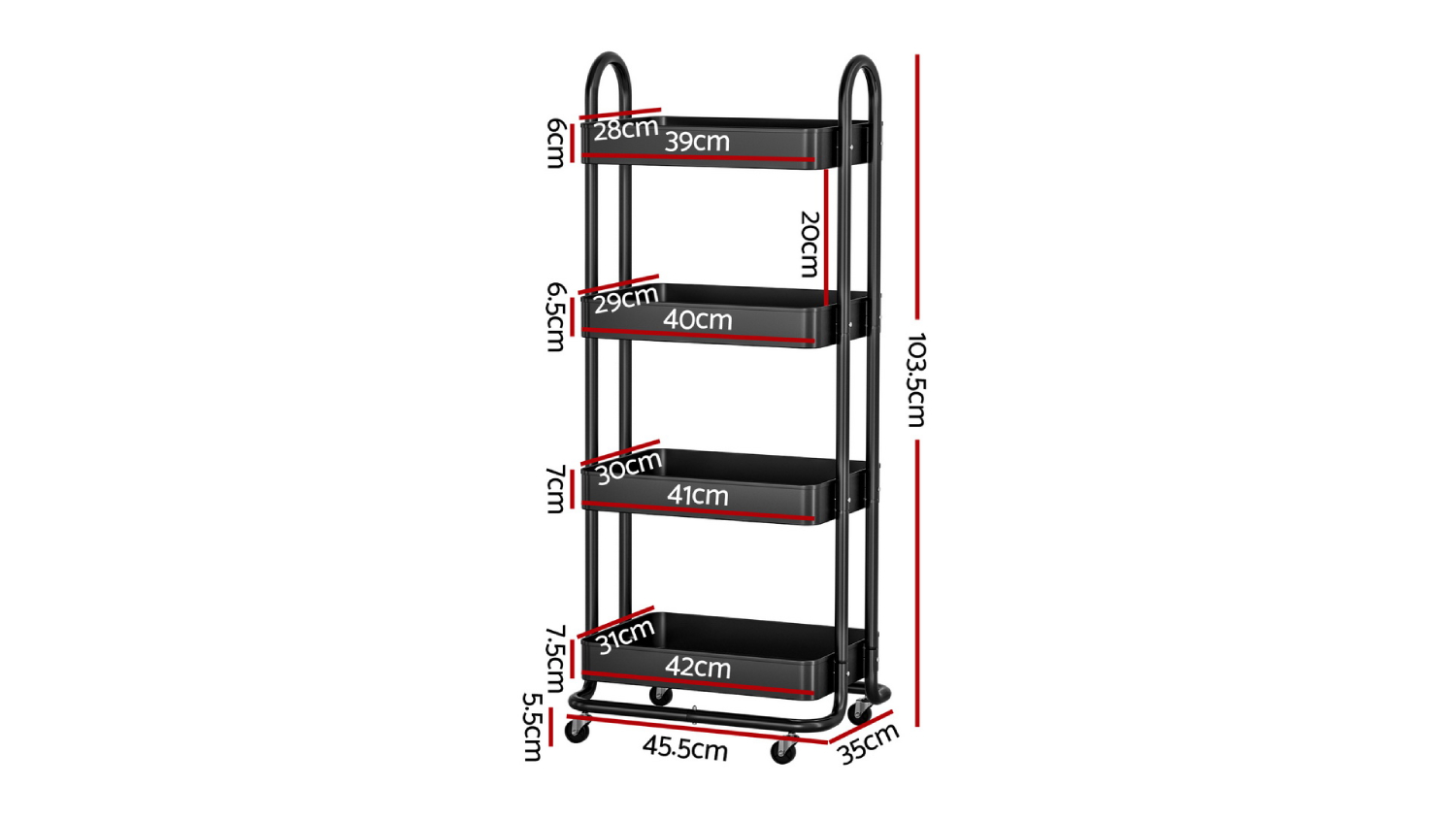 Artiss Modern Metal 4 Tier Storage Trolley - Black