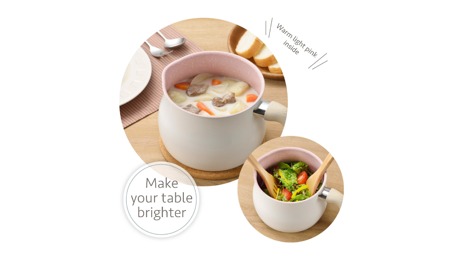 ToMay Induction Compatable Multi-Purpose Cooking Pot with Lid, Handle 2.2L - Cream/Light Pink