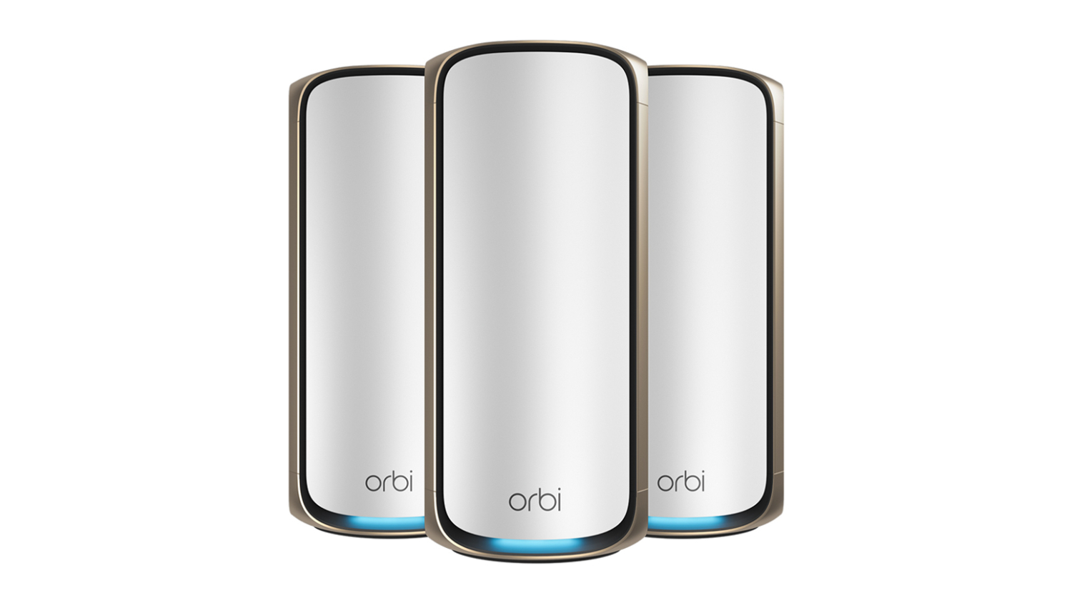 Three pieces front-angled Netgear Orbi RBE970 BE27000 Quad-Band Mesh Wi-Fi 7 Add-On Satellite