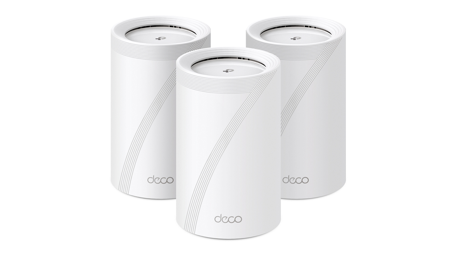 A front view of three white TP-Link Deco BE65 mesh Wi-Fi 7 system units.