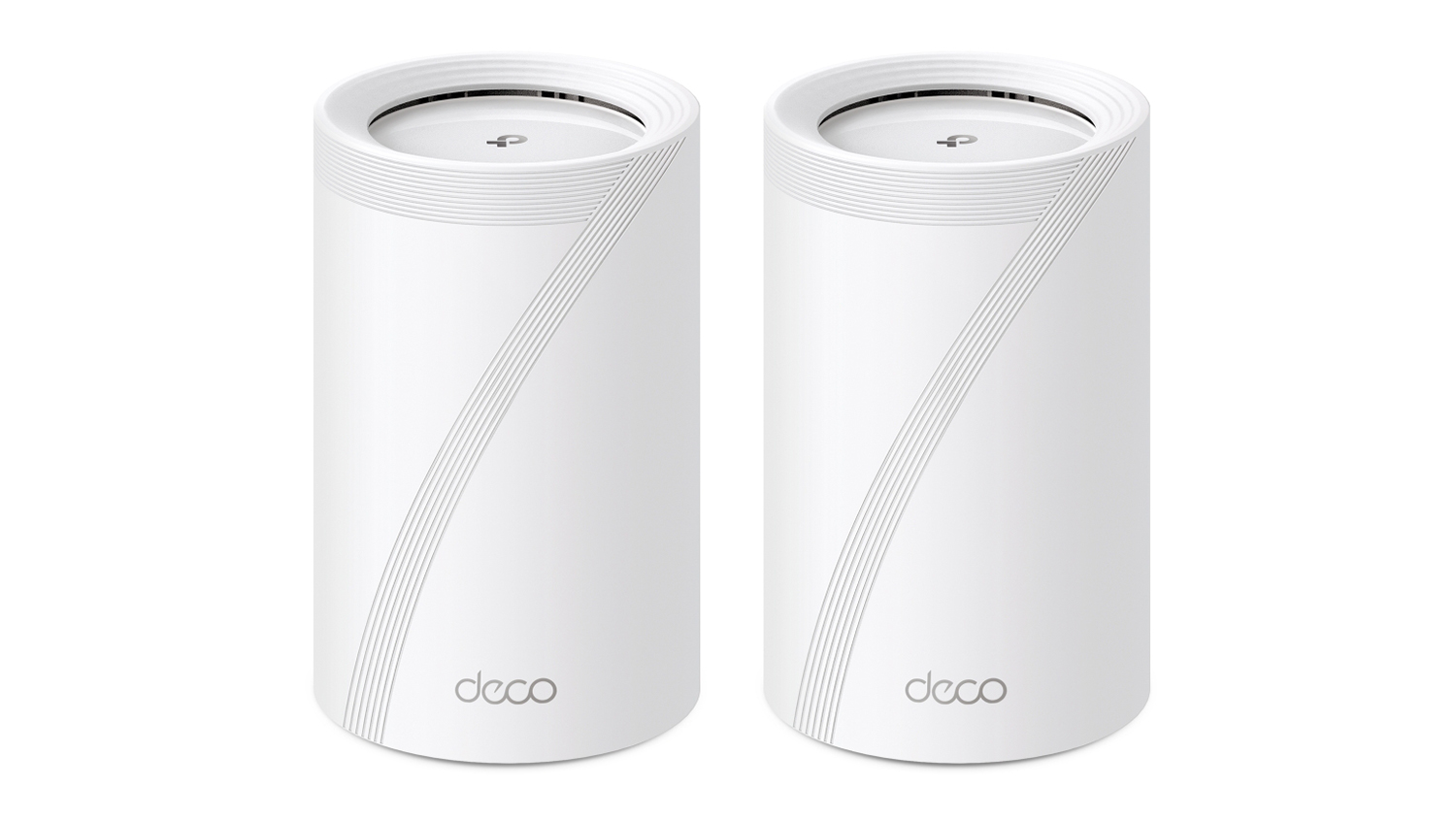 A front view of two white TP-Link Deco BE65 mesh Wi-Fi 7 system units.
