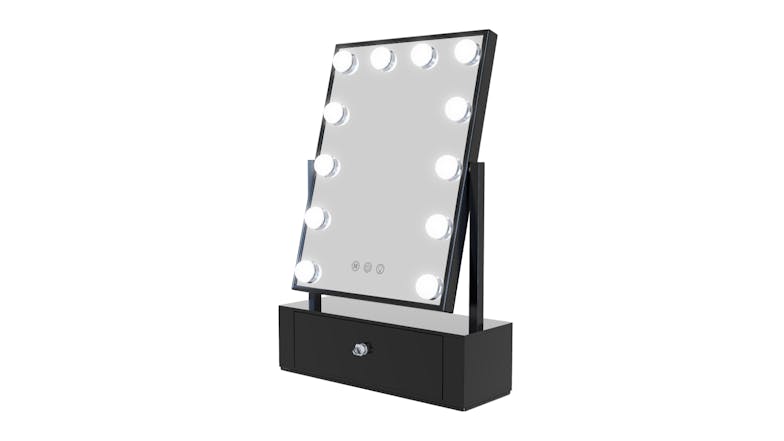 One Table Top Vanity Mirror with Storage Drawer & LED Lighting - Black (OPCM002D)