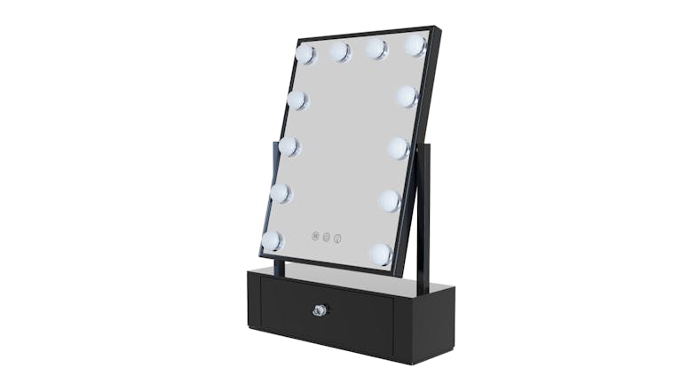 One Table Top Vanity Mirror with Storage Drawer & LED Lighting - Black (OPCM002D)