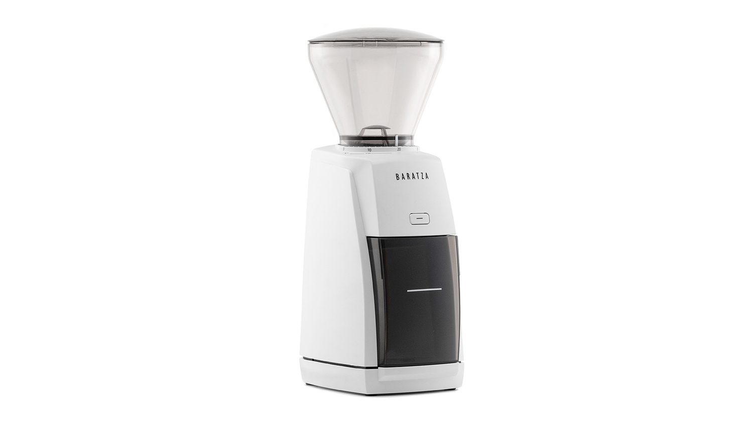 White Baratza Encore coffee grinder with a clear bean hopper and black grounds bin