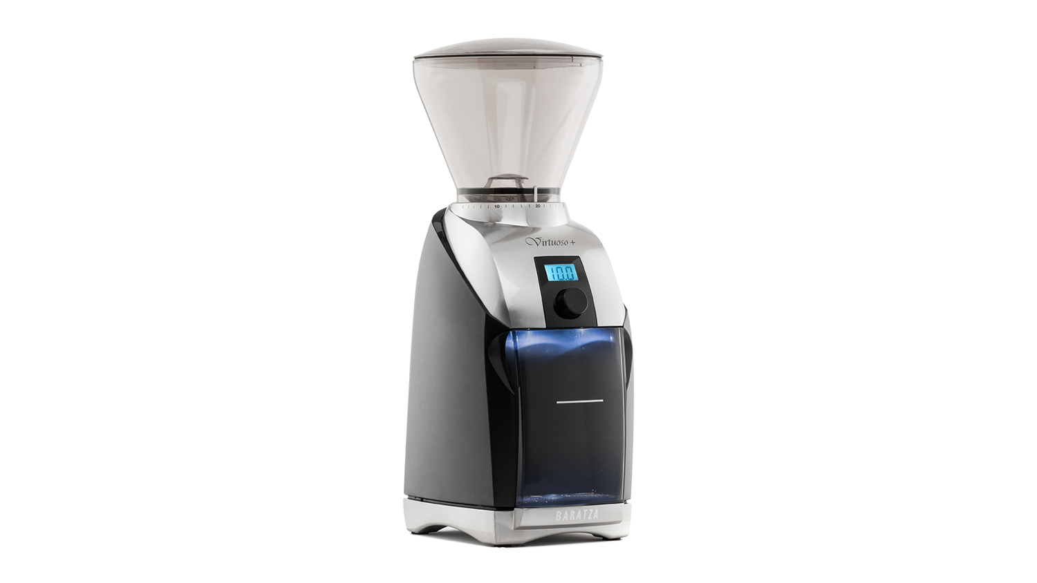 Baratza Virtuoso+ Coffee Grinder with a clear bean hopper and a digital timer display