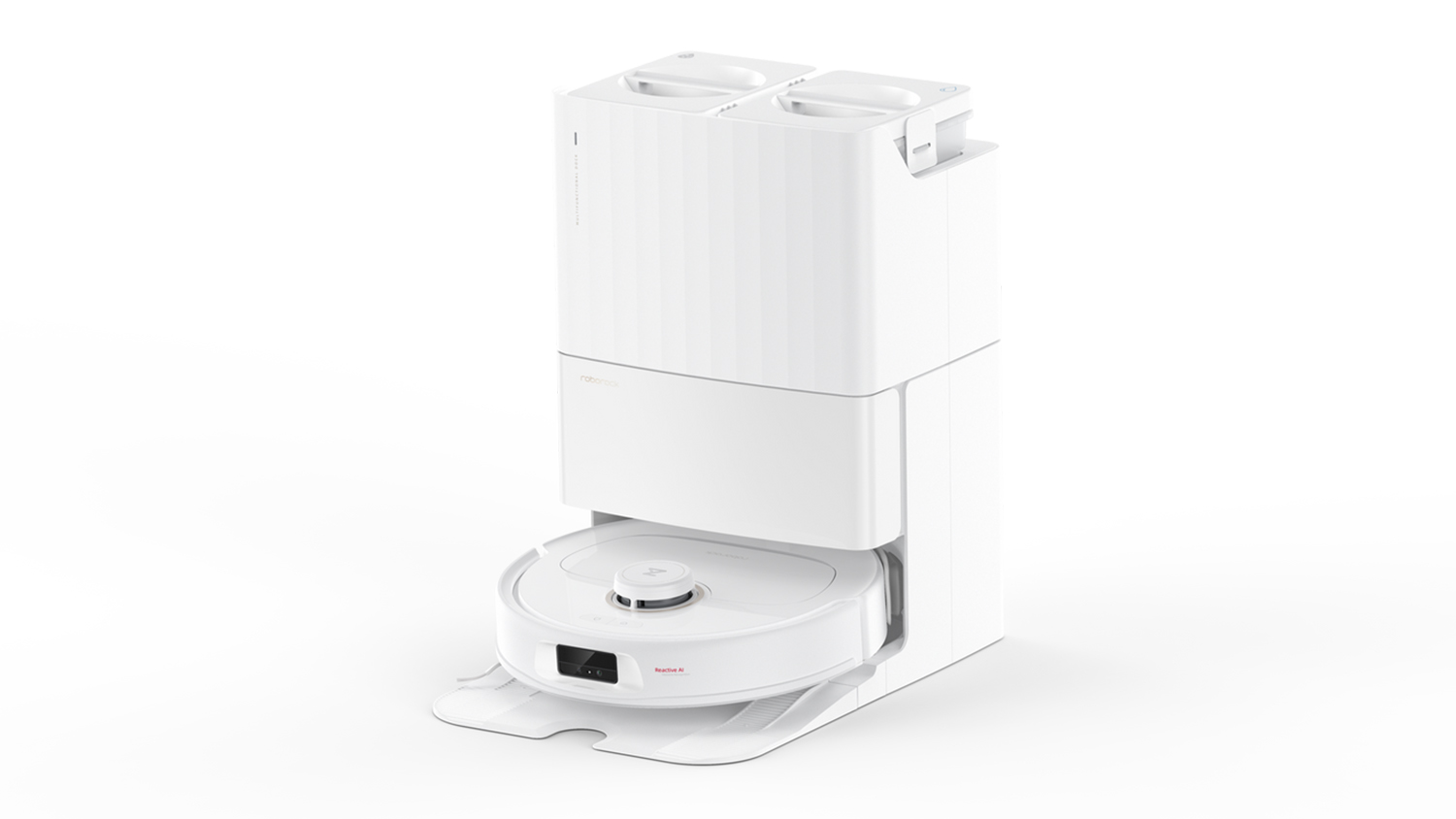 A white Roborock Qrevo robot vacuum docked in its matching, tall multifunctional station