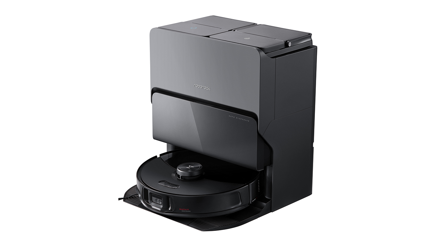 Angled view of a black Roborock S8 MaxV Ultra robotic vacuum docked in a tall self‑emptying base station