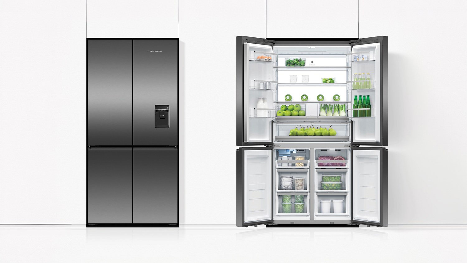 Fisher & Paykel 690L Quad Door Fridge Freezer with Ice & Water Dispenser - Black Stainless Steel (Series 7/RF730QNUVB1)