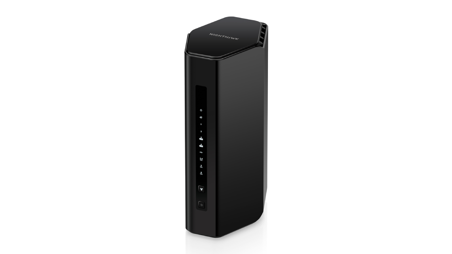 Black tower-style Nighthawk router on a white background with indicator lights visible