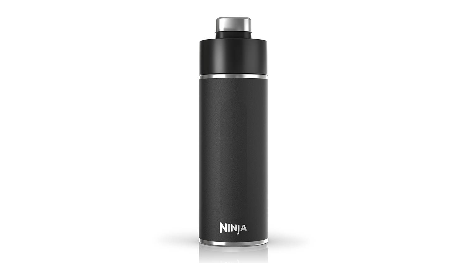 Front view of onyx black Ninja thirsti travel bottle with silver accents and a screw-on lid