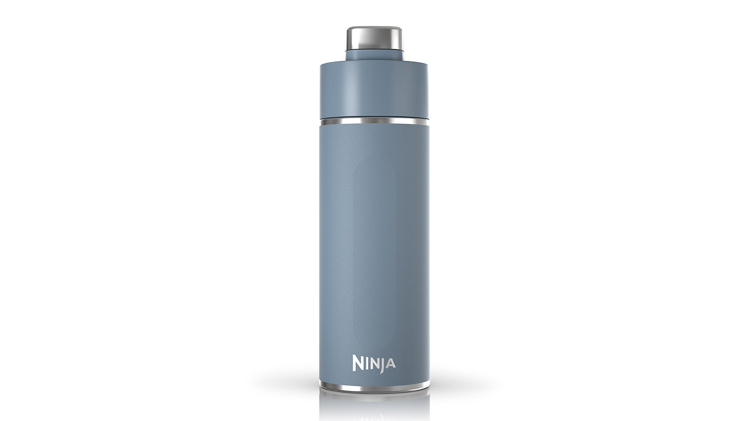 Front view of the blue Ninja thirsti travel bottle with silver accents and a screw-on lid