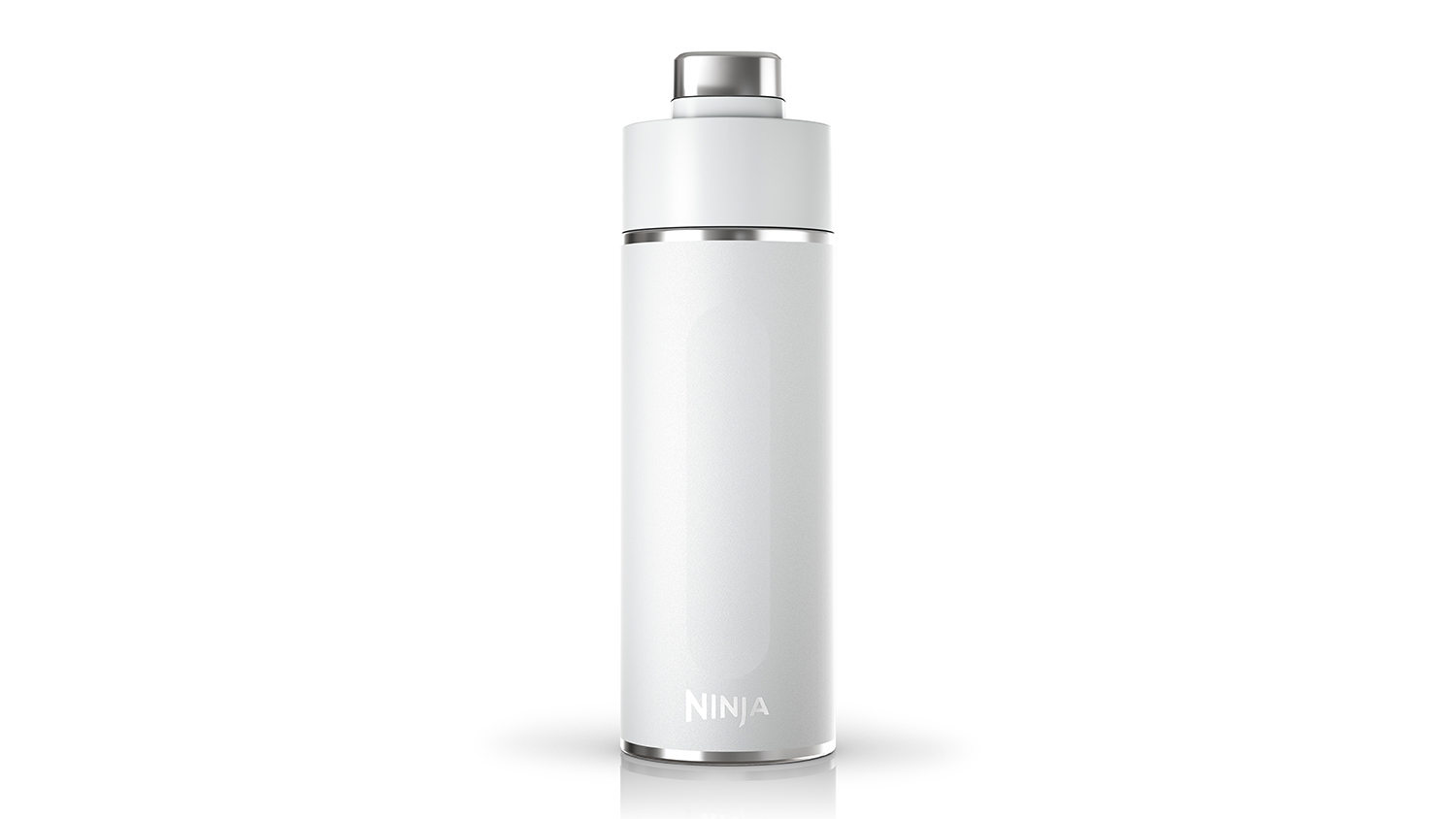Front view of a cloud white Ninja thirsti travel bottle with silver accents and a screw-on lid