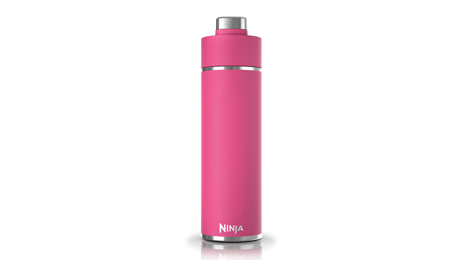 Front view of a fuchsia pink Ninja insulated bottle with silver accents and a screw-on lid