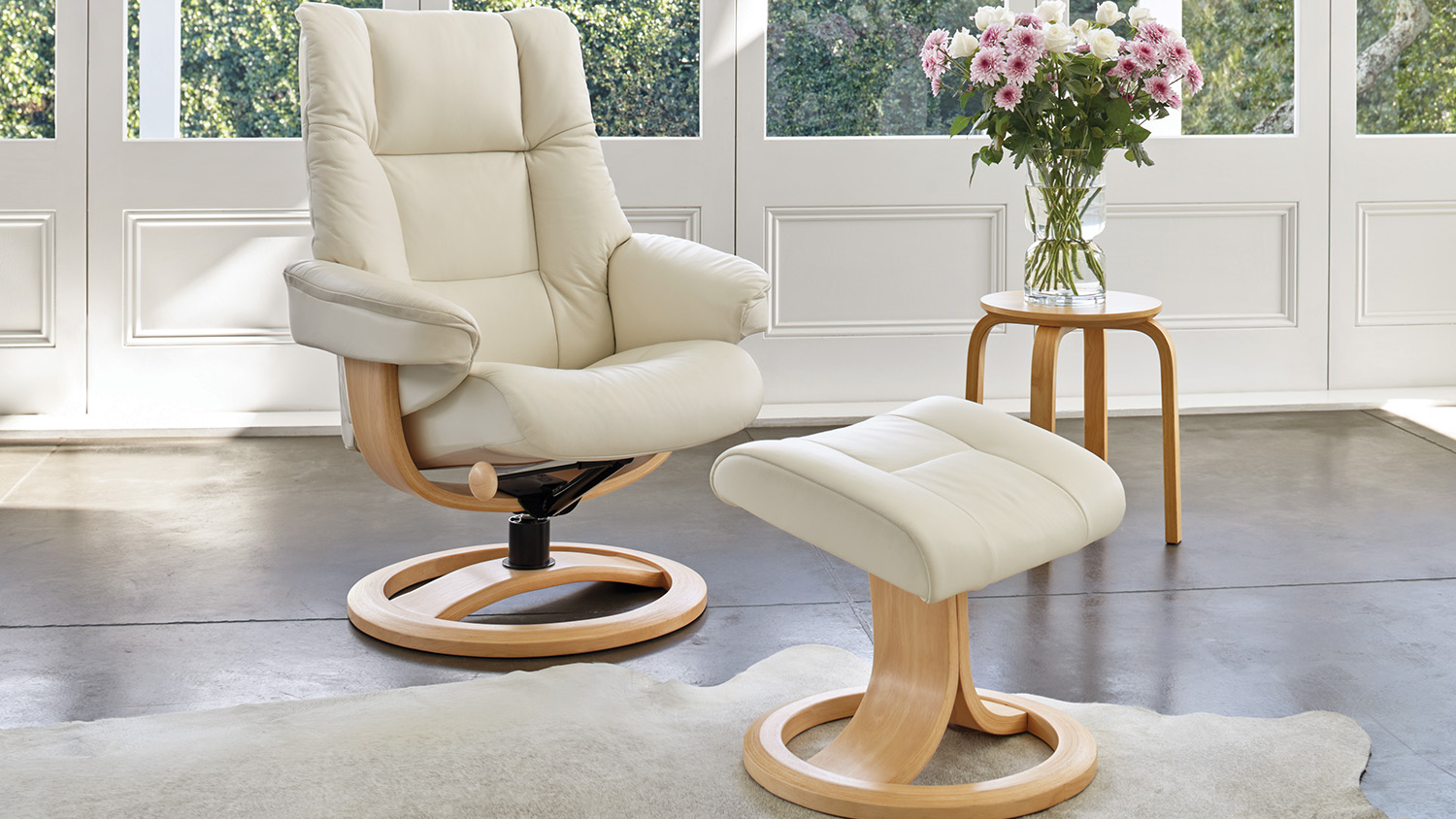 Freya Leather Recliner and Footstool - Snow