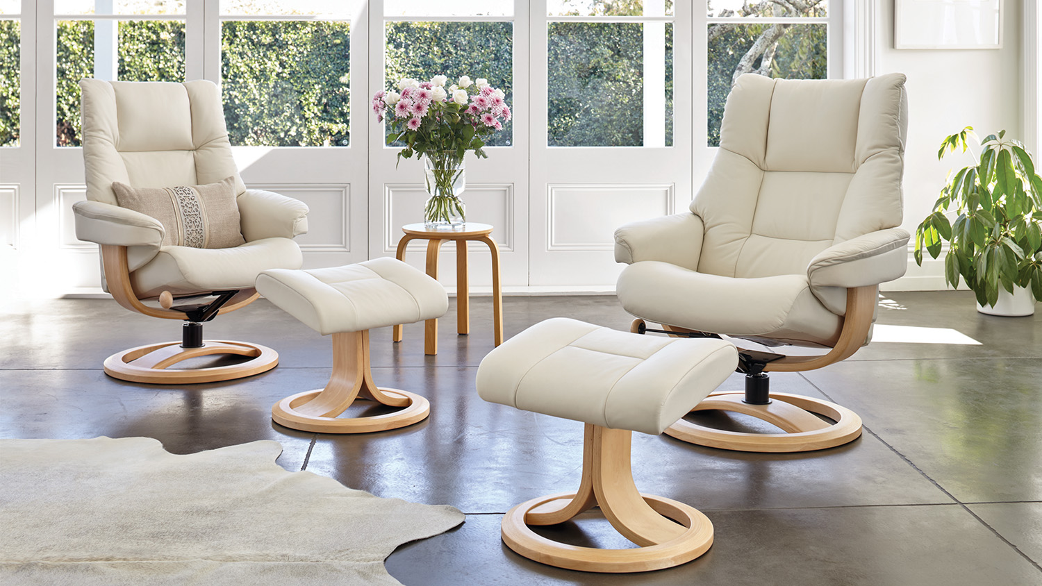 Freya Leather Recliner and Footstool - Snow