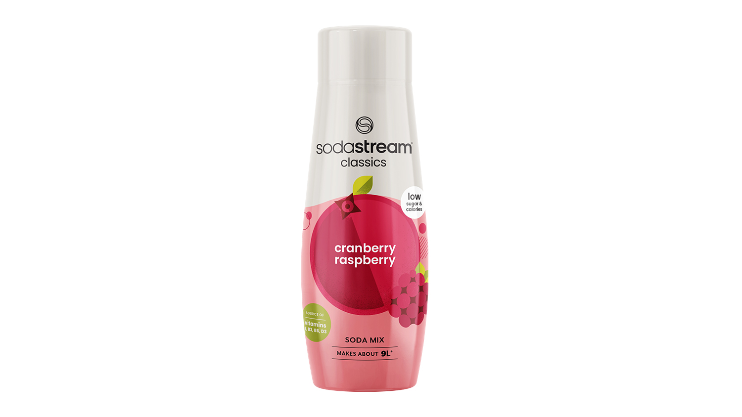 SodaStream Classics cranberry raspberry soda mix bottle with pink fruit design