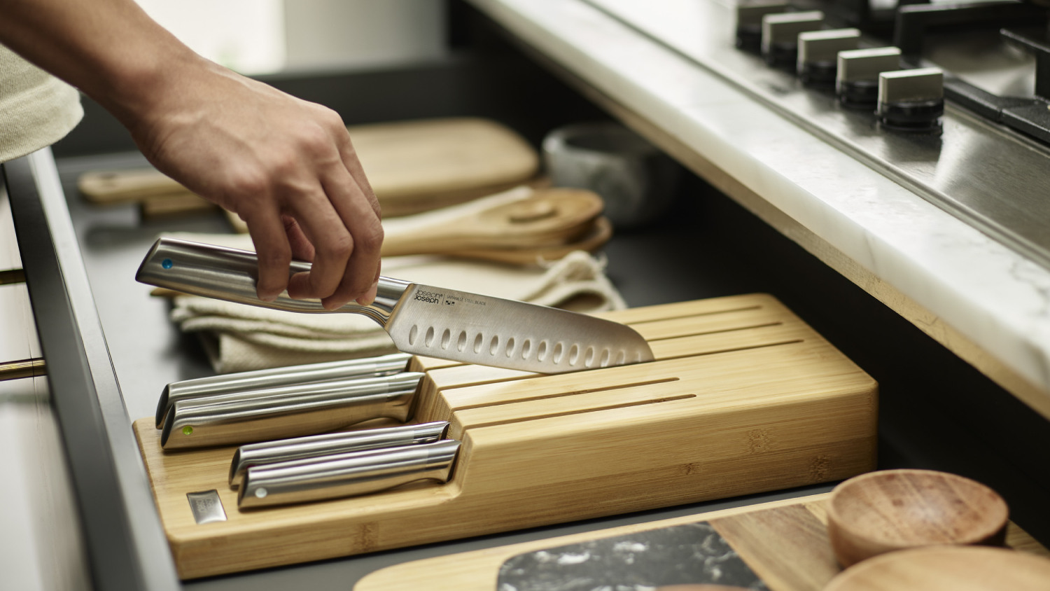 Joseph Joseph "Elevate" Stainless Steel Knife Set with Bamboo Drawer Storage 5pcs.