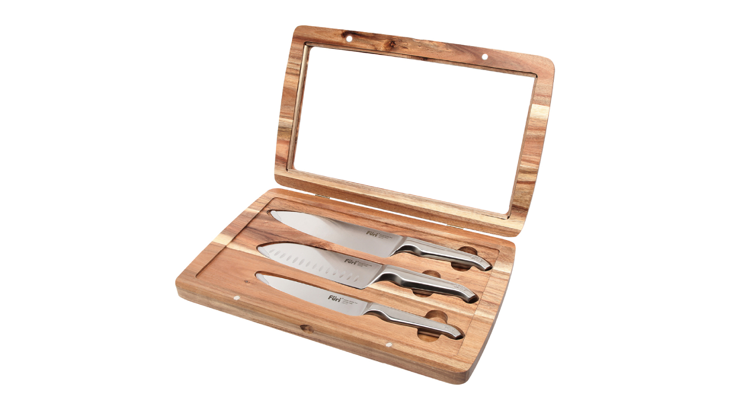 Furi Pro Stainless Steel Knife Set with Acacia Wood Case 3pcs.