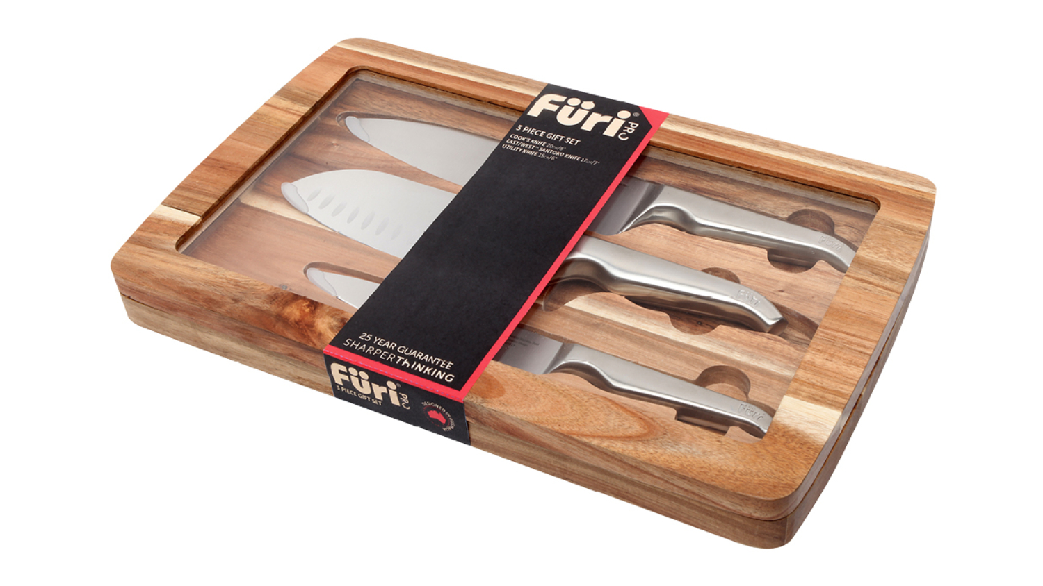 Furi Pro Stainless Steel Knife Set with Acacia Wood Case 3pcs.