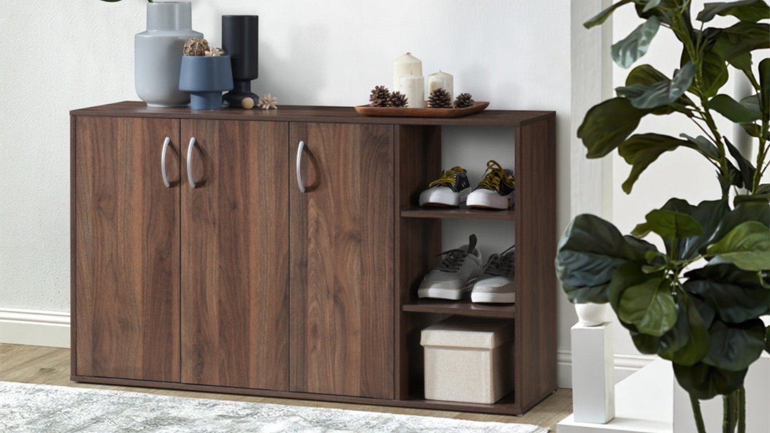 TSB Living "Okura" 3-Door Shoe Cabinet - Walnut
