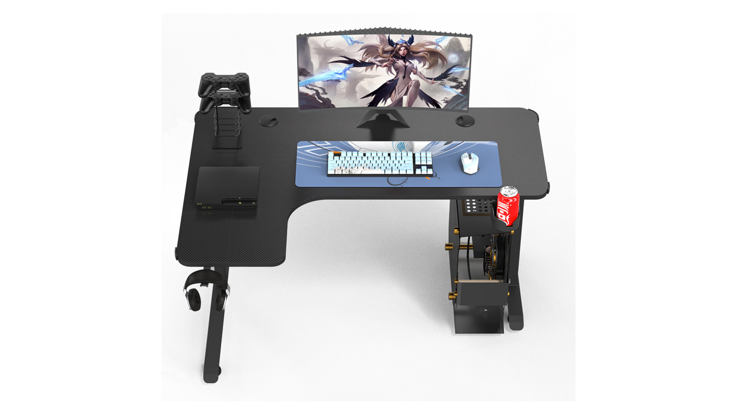 TSB Living Left-Handed L-Shaped Gaming Desk with Cup Holder, Headphone Hook - Carbon Fiber Texture