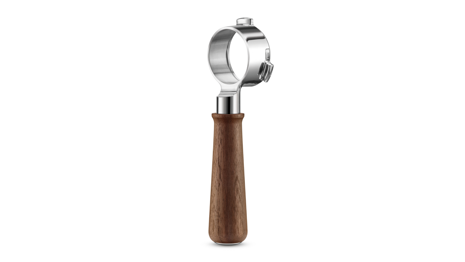 A side view of a walnut-coloured portafilter with a wooden handle and metal head.